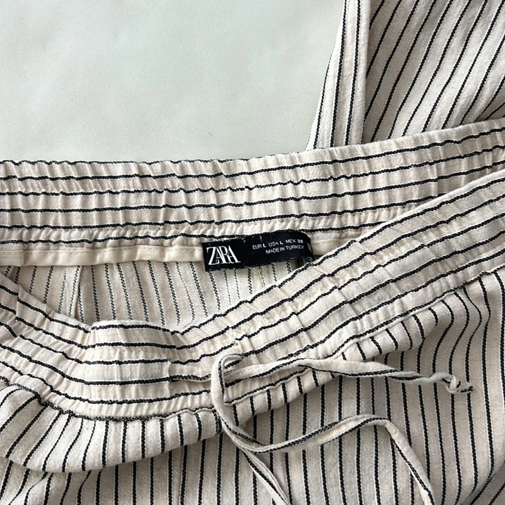 ZARA Drawstring Stripe Linen Cotton Wide Leg Pants Pockets Size L $79